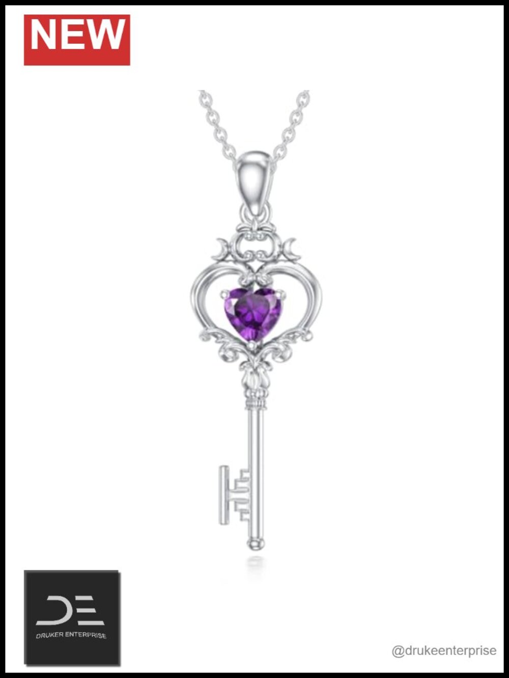 Sterling Silver Key Pendant Necklace, Birthstone Key Charm, Heart Key Jewelry